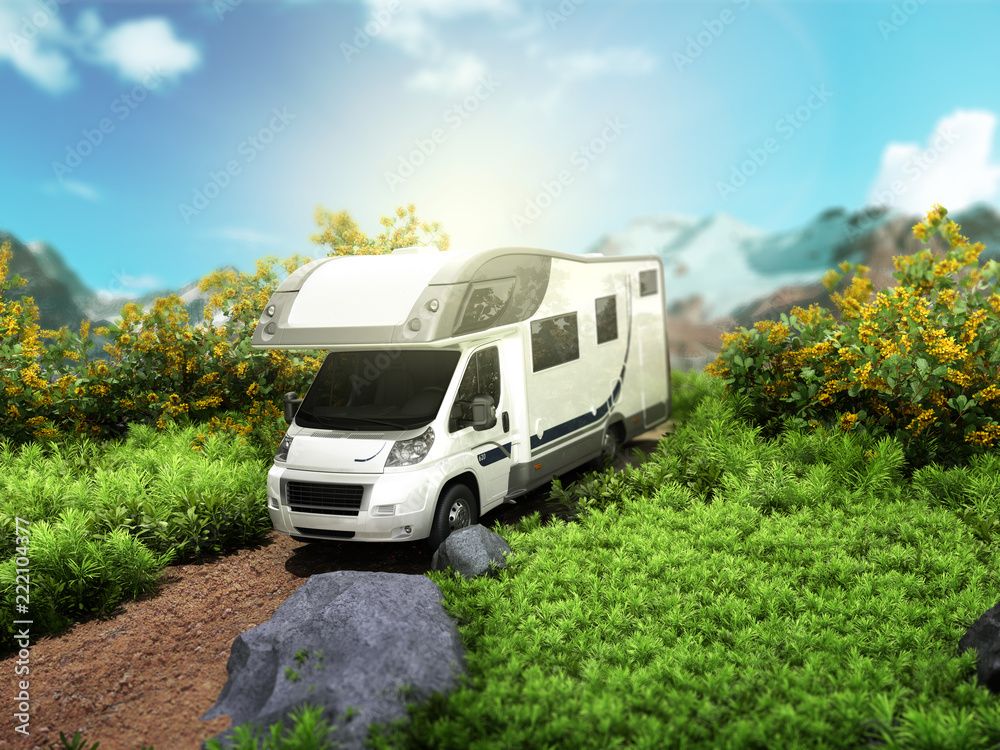 modern concept of family travel The house on wheels rides along the road on a patch of nature 3d render as traviel background modern concept of family travel The house on wheels rides along the road on a patch of nature 3d render as traviel background