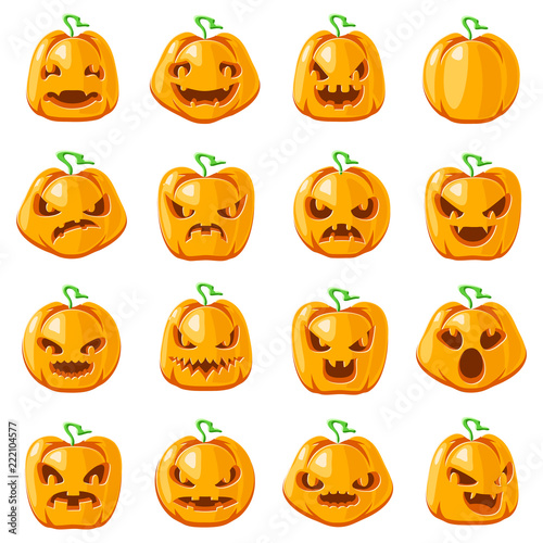Decoration halloween jack o lantern pumpkin scary faces smile emoji icons set isolated cartoon design vector illustration