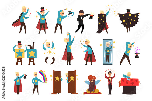 Magician showing tricks and focuses set of vector Illustrations isolated on a white background