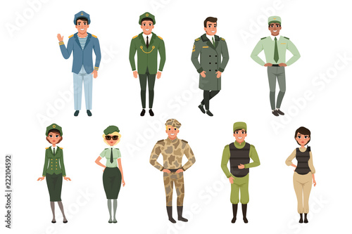 Military uniforms set, Military army officer, commander, soldier, , pilot, trooper, navy captain vector Illustrations on a white background