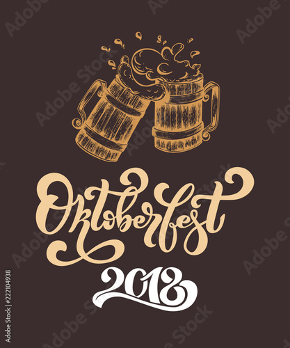 oktoberfest . Logo, handwritten lettering for restaurant, cafe menu. drawing of beer mugs. Vector elements for labels, logos, badges, stickers or icons. Vector illustration, food design.