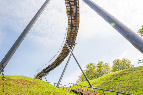 Urban city and peoples. Iron bridge on the lake. Green nature and city park. Travel photo 2018. photo