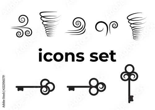 Vector icons set. Air and key icon. Name tag and film roll vector set icons