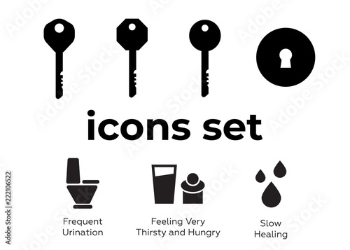 Vector icons set. Air and key icon. Name tag and film roll vector set icons