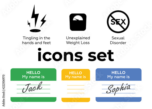 Vector icons set. Air and key icon. Name tag and film roll vector set icons