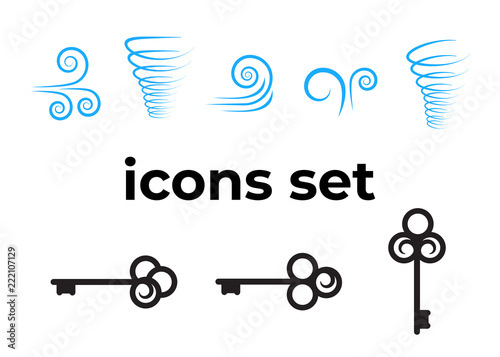 Vector icons set. Air and key icon. Name tag and film roll vector set icons