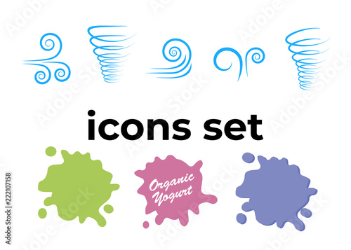 Vector icons set. Air and key icon. Name tag and film roll vector set icons