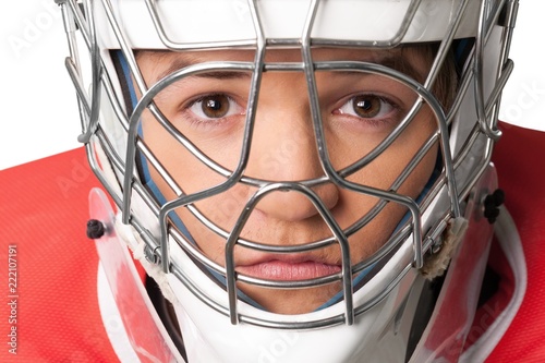 Portrait of sporty man in helmet isolated on white background