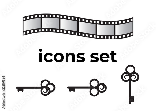 Vector icons set. Air and key icon. Name tag and film roll vector set icons