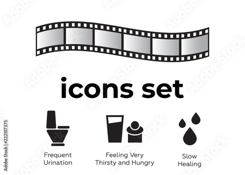 Vector icons set. Air and key icon. Name tag and film roll vector set icons