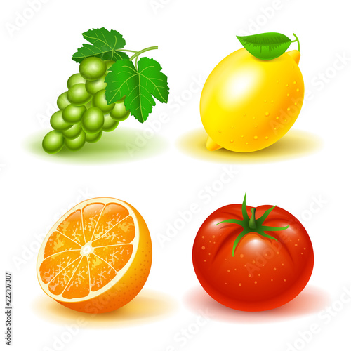 Fototapeta Naklejka Na Ścianę i Meble -  Vector image set icons of fruits and vegetables, grapes lemon orange tomato