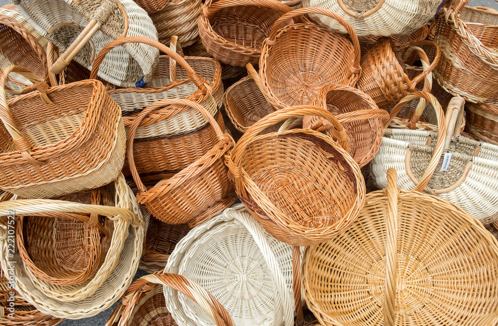 Wooden wicker baskets for sale at handcraft street market in Ribnica town. Slovenia