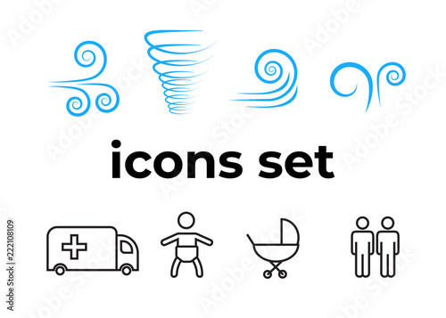 Vector icons set. Air and key icon. Name tag and film roll vector set icons