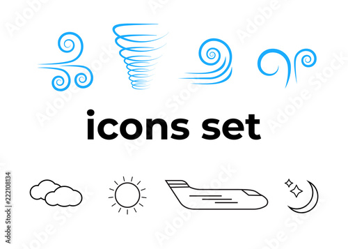 Vector icons set. Air and key icon. Name tag and film roll vector set icons