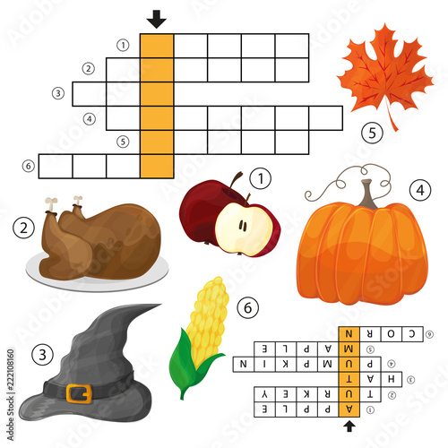 Learn English with an autumn crossword game for kids. Vector illustration. Halloween and Thanksgiving theme
