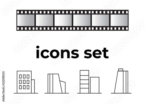 Vector icons set. Air and key icon. Name tag and film roll vector set icons