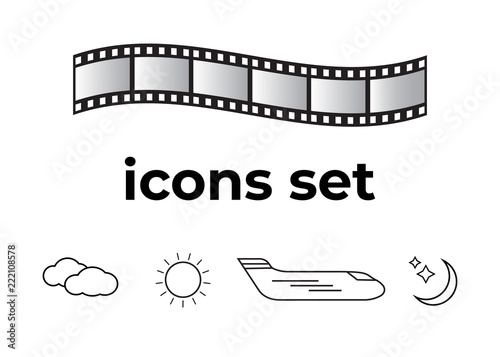 Vector icons set. Air and key icon. Name tag and film roll vector set icons