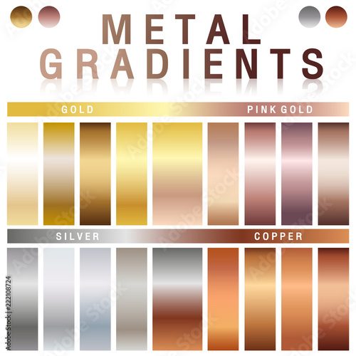 Metal gradients for graphic designer. Gold, Pink gold, Silver, Copper.