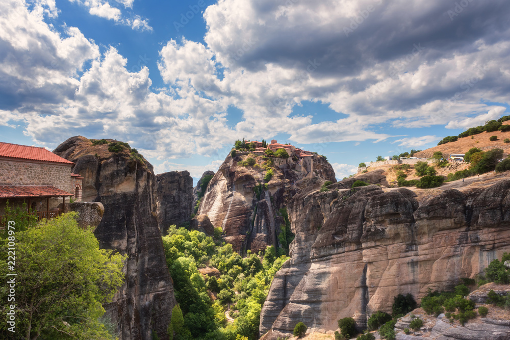 Meteora Great Monastery on the high rock, beautiful landscape with blue sky, Thessaly, Greece