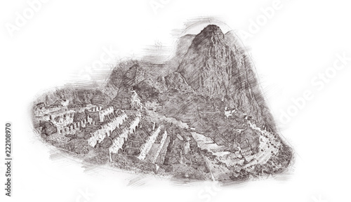 Machu Picchu in Peru - lost city of Incan Empire is UNESCO heritage. Vintage engraved illustration, hand drawn, sketch isolated on white.