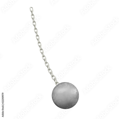 Wrecking ball with silver chain, 3d illustration. Isolated on white background.