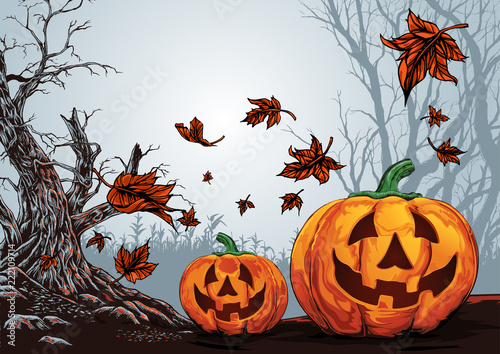 Halloween creepy forest with pumpkin background