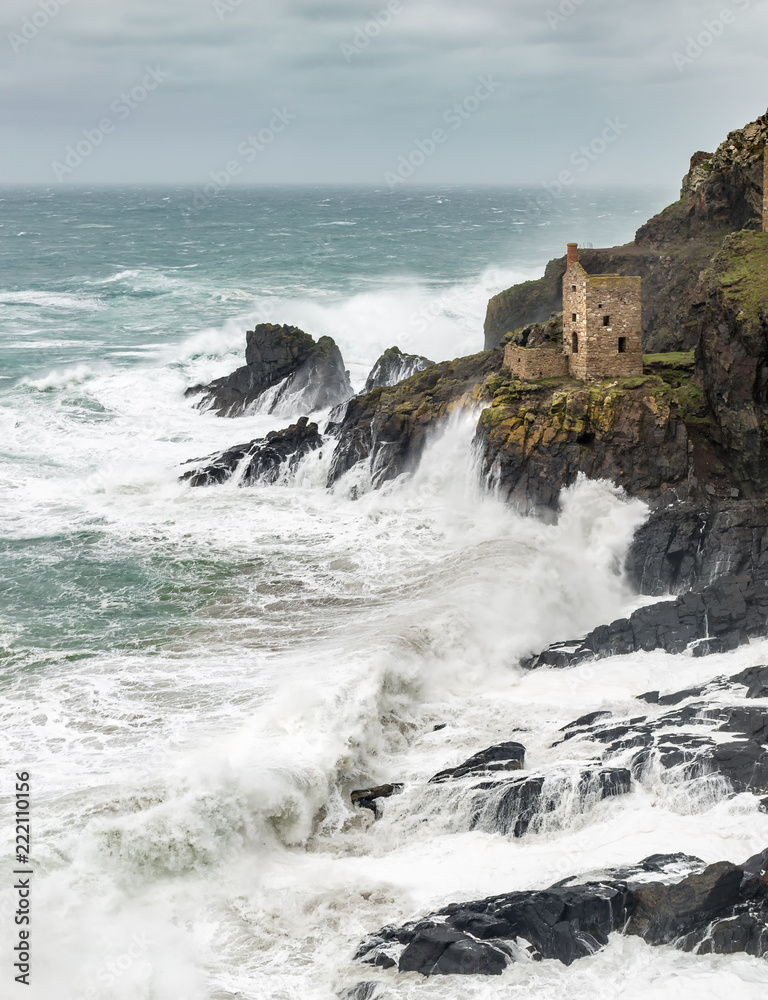 December storm hits the Crown Engine Houses at Botallack, on the West coast of Cornwall.