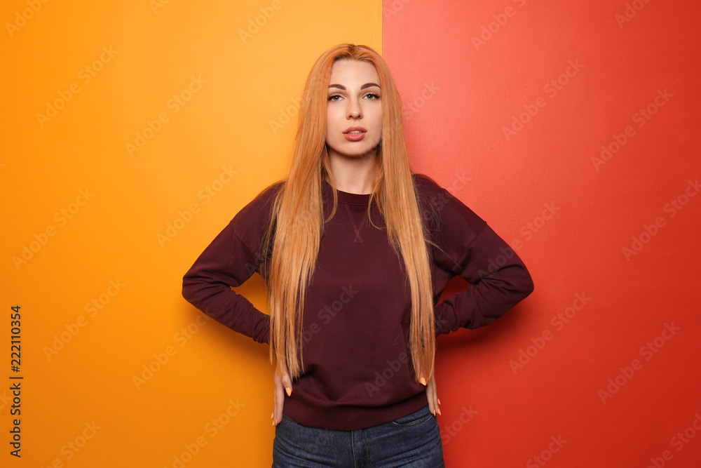 Beautiful young woman on color background Beautiful young woman on color background