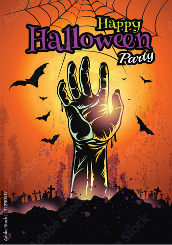 Halloween night background with Zombie hand rising out of a grave 