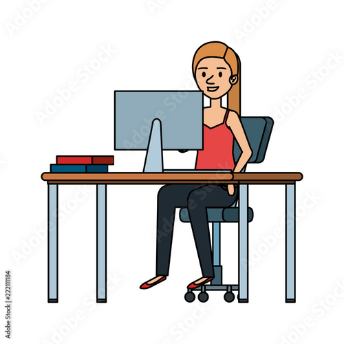 young woman at desk with desktop