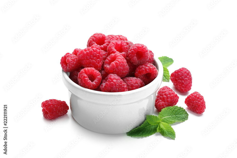 Bowl with ripe raspberries on white background Bowl with ripe raspberries on white background