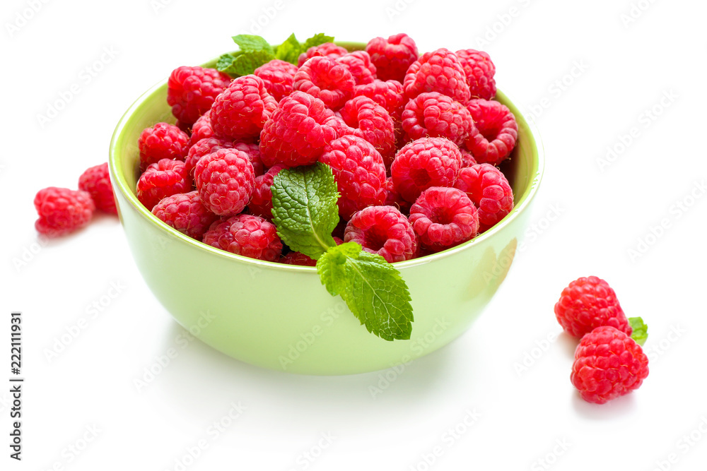 Bowl with ripe raspberries on white background Bowl with ripe raspberries on white background