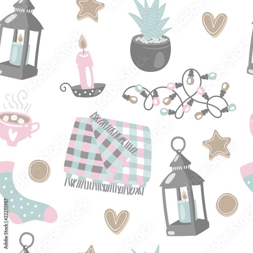 Hand drawn seamless pattern with hygge elements. Time to Hygge.