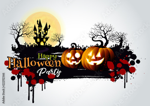 Halloween pumpkins and dark castle on full Moon background,Happy Halloween message design illustration. 