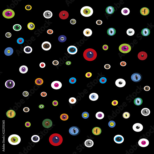 Monster eyes pattern on black background. Halloween vector illustration.