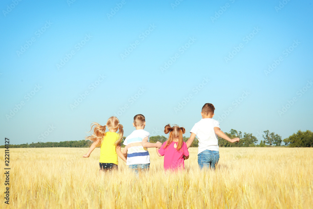 Cute little children playing in wheat field on sunny day Cute little children playing in wheat field on sunny day