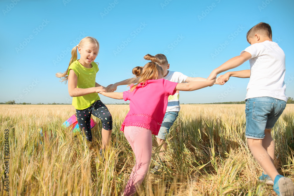 Cute little children playing in wheat field on sunny day