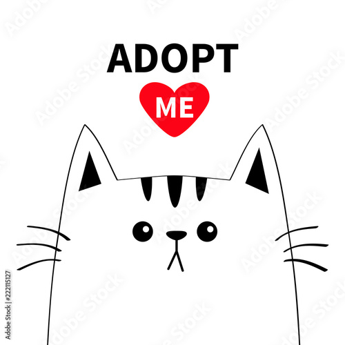 Cute cat face line silhouette. Adopt me. Red heart. Pet adoption. Kawaii animal. Cute cartoon kitty character. Funny baby kitten. Help homeless animal Flat design. White background