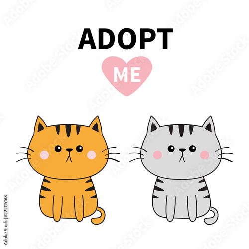 Gray orange cat silhouette. Adopt me. Pink heart. Pet adoption. Kawaii animal. Cute cartoon kitty character. Funny baby kitten. Help homeless animal Flat design. White background
