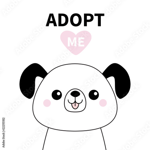 Cute dog face line silhouette. Adopt me. Pink heart. Pet adoption. Kawaii animal. Cute cartoon puppy character. Funny baby pooch. Help homeless animal Flat design. White background