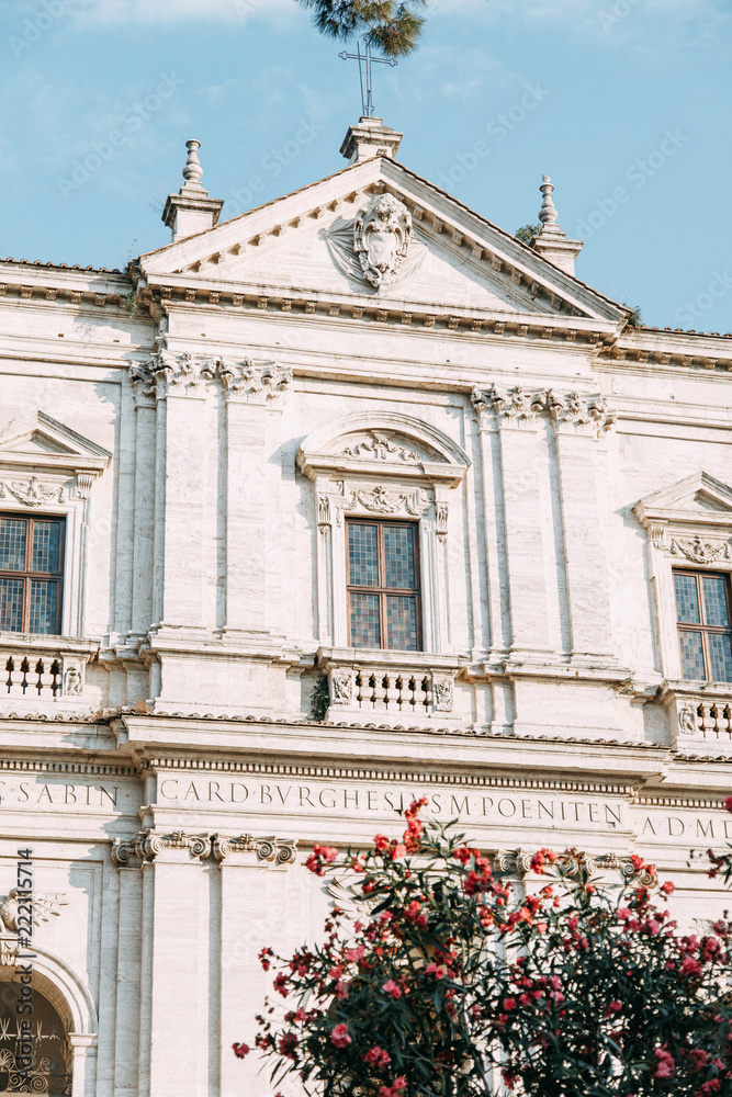 The architecture of Rome and the Italian style in stucco. Sights of the old town, tourist places. Street art, world heritage. Miracle of light. Carved columns and capitals