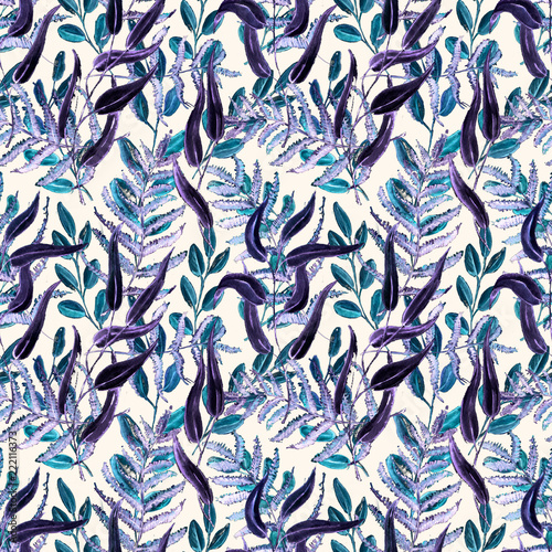 Seamless Realistic Watercolor Greenery Pattern. Hand Drawn Leaves and Branches Print. Summer, Spring Forest Herbs, Plants Texture. Foliage in Vintage Style. Nature Eco Friendly Concept. Textile.