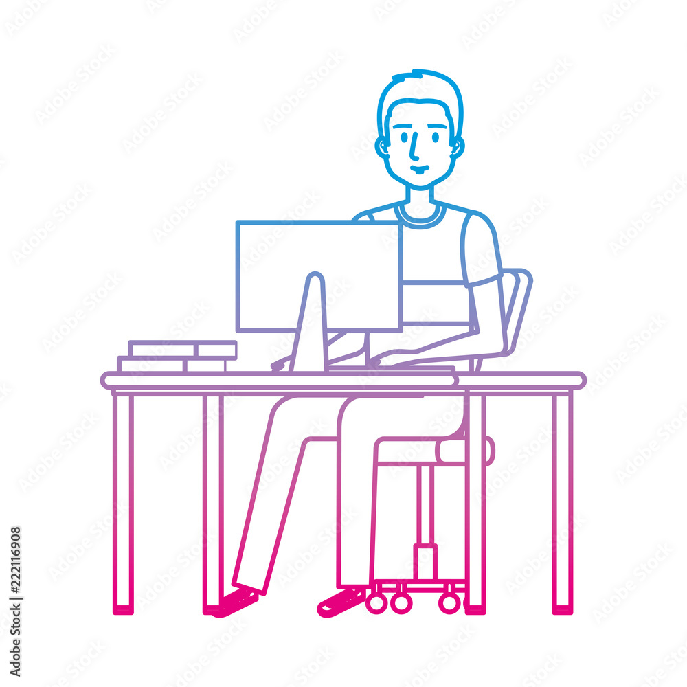 young man at desk with computer young man at desk with computer