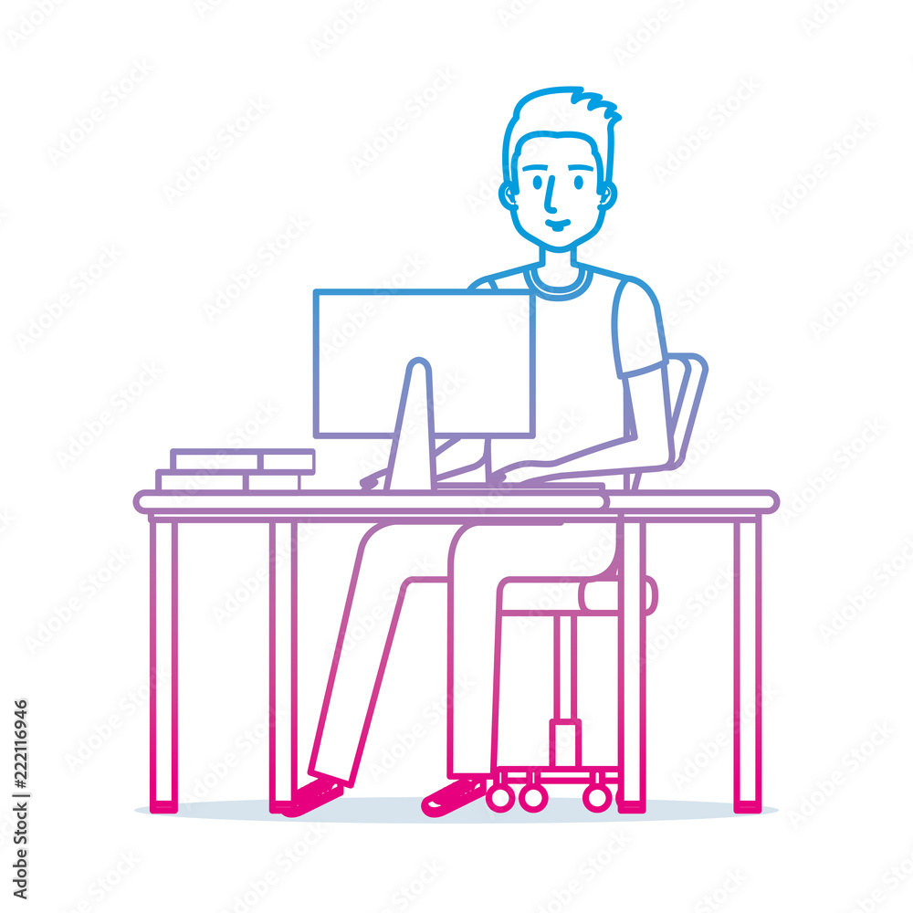 young man at desk with computer young man at desk with computer