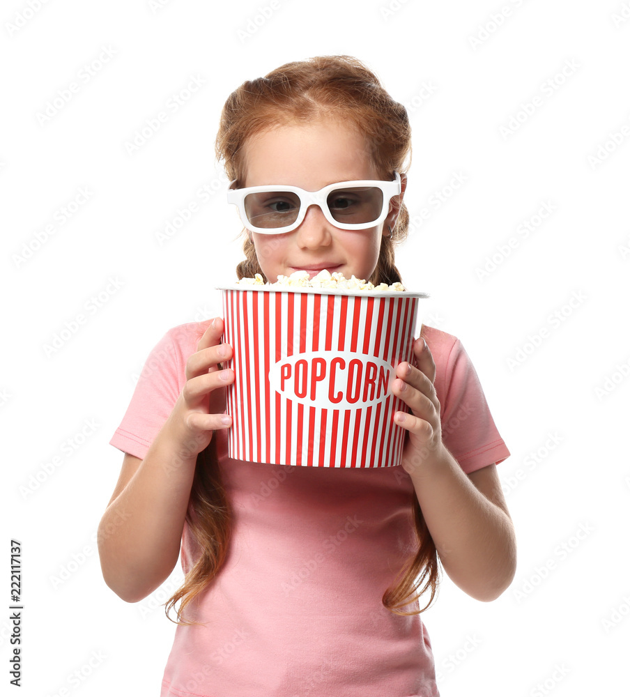 Cute little girl with cup of popcorn wearing 3D cinema glasses on white background Cute little girl with cup of popcorn wearing 3D cinema glasses on white background
