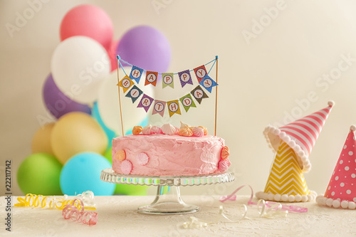 Canvas Print Stand with beautiful tasty birthday cake on table