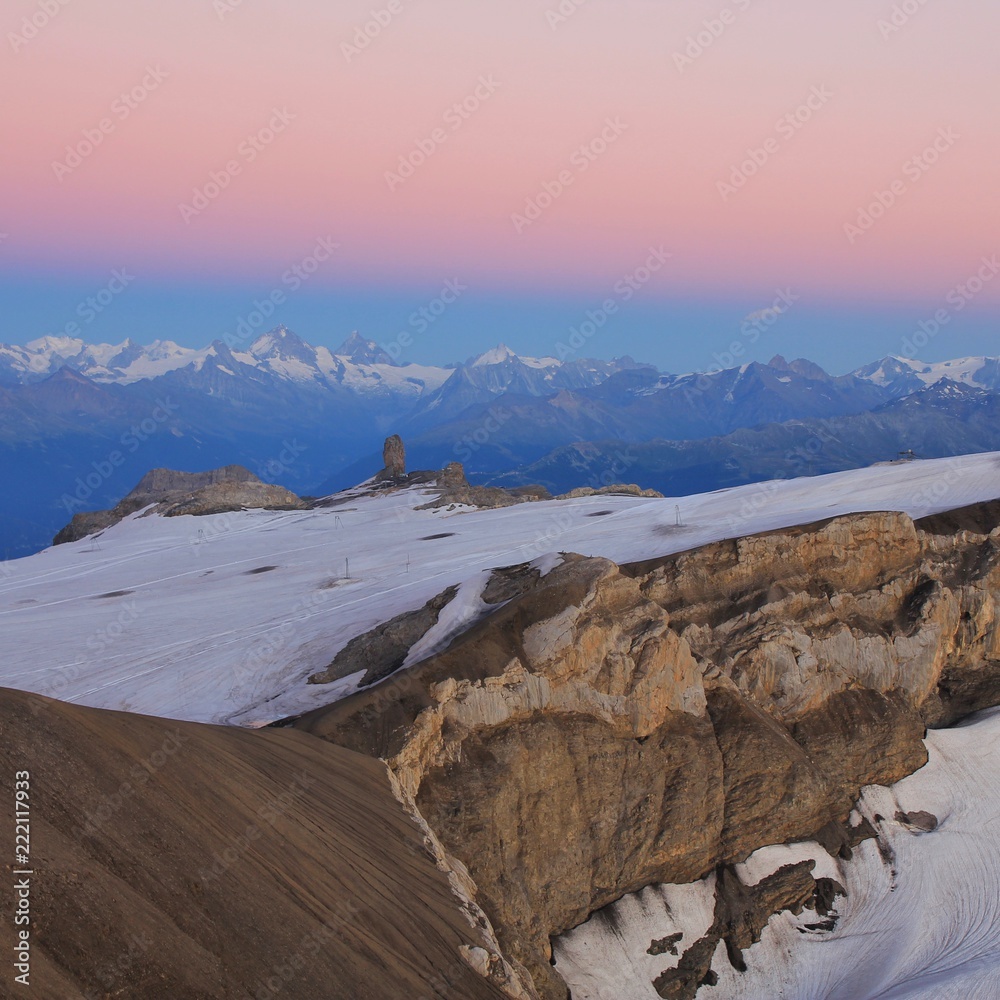 Diablerets Glacier and Quille Du Diable just after sunset. Glacier 3000, Gsteig Bei Gstaad, Switzerland.