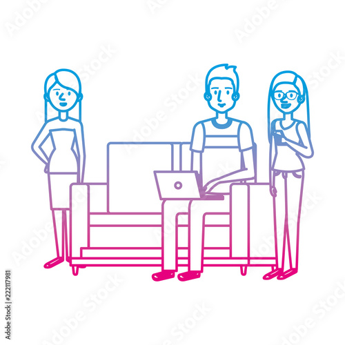 young man on the sofa with laptop and girls