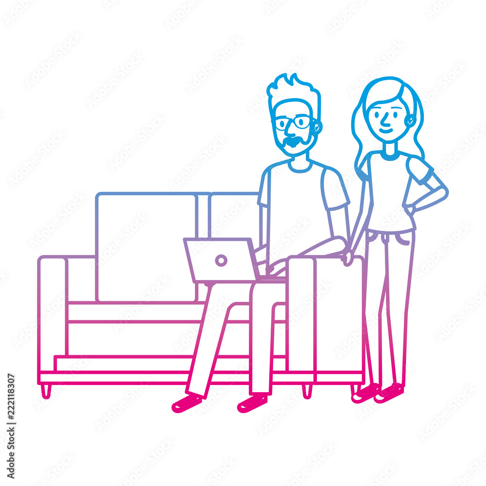 young man on the sofa with laptop and girl