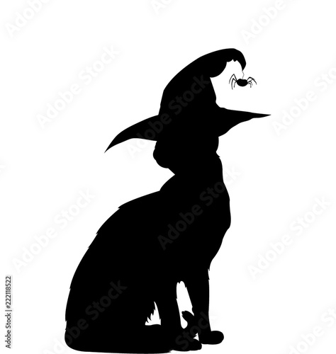 Black silhouette of sitting cat in witch hat isolated on white b